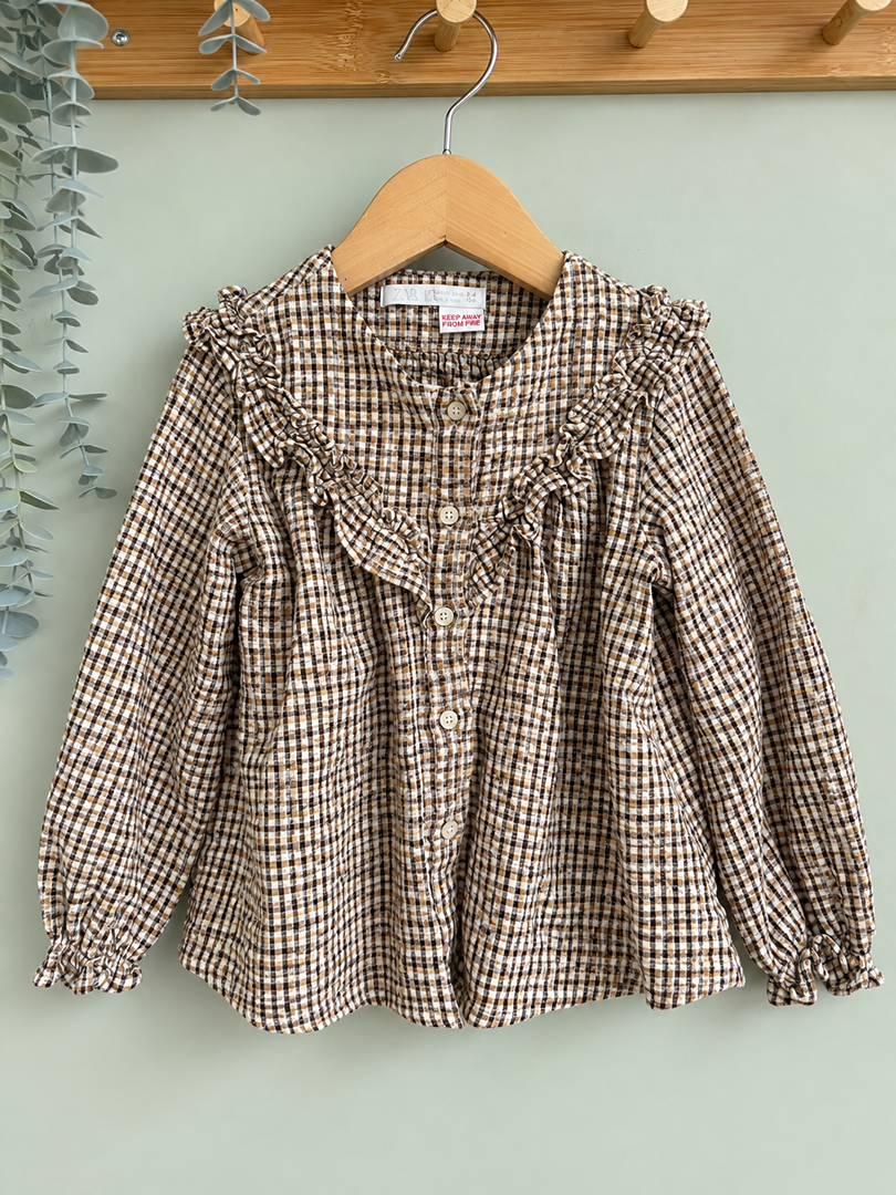 Chemise fille Zara marron carreaux vichy mi-saison manches longues 4 ans