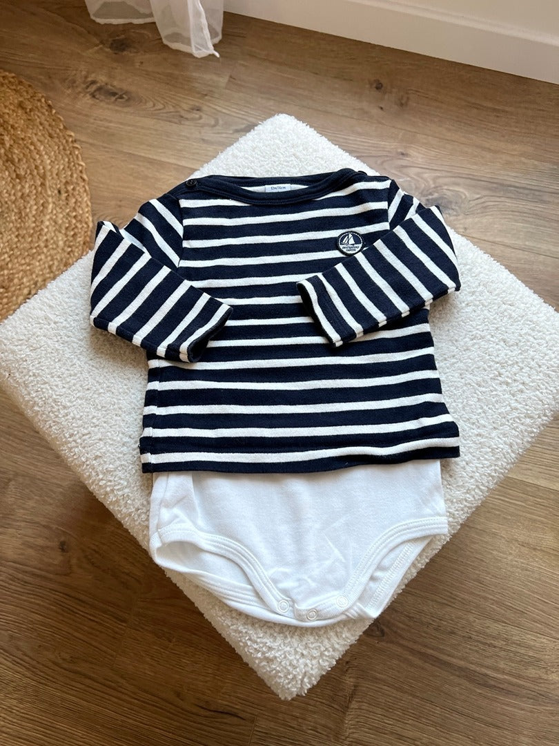 T-shirt body intégré marinière Petit Bateau bébé garçon 12 mois mi-saison manches longues