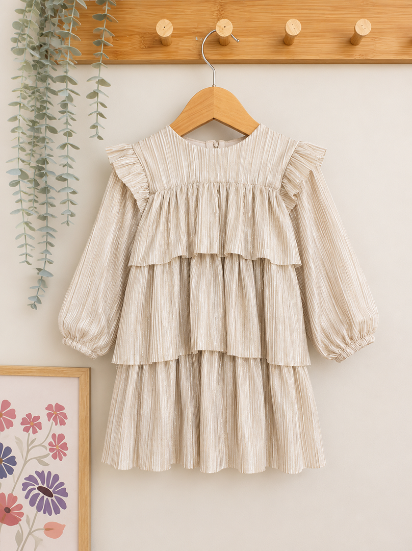 Robe plissée dorée Tape à l'œil 12 mois fille manches longues