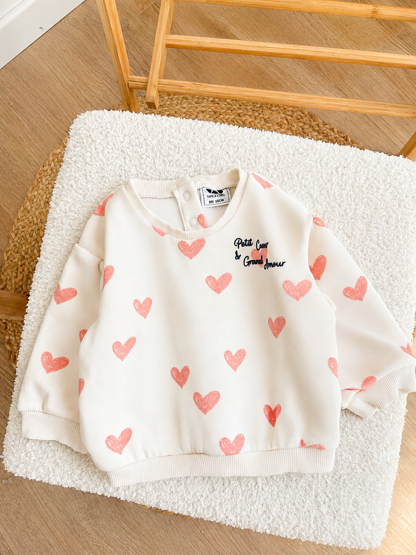 Sweat fille Tape à l'œil 6 mois crème coeurs manches longues hiver