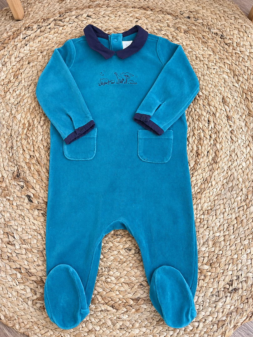 Pyjama 1 pièce velours Natalys vert fille 6 mois hiver manches longues