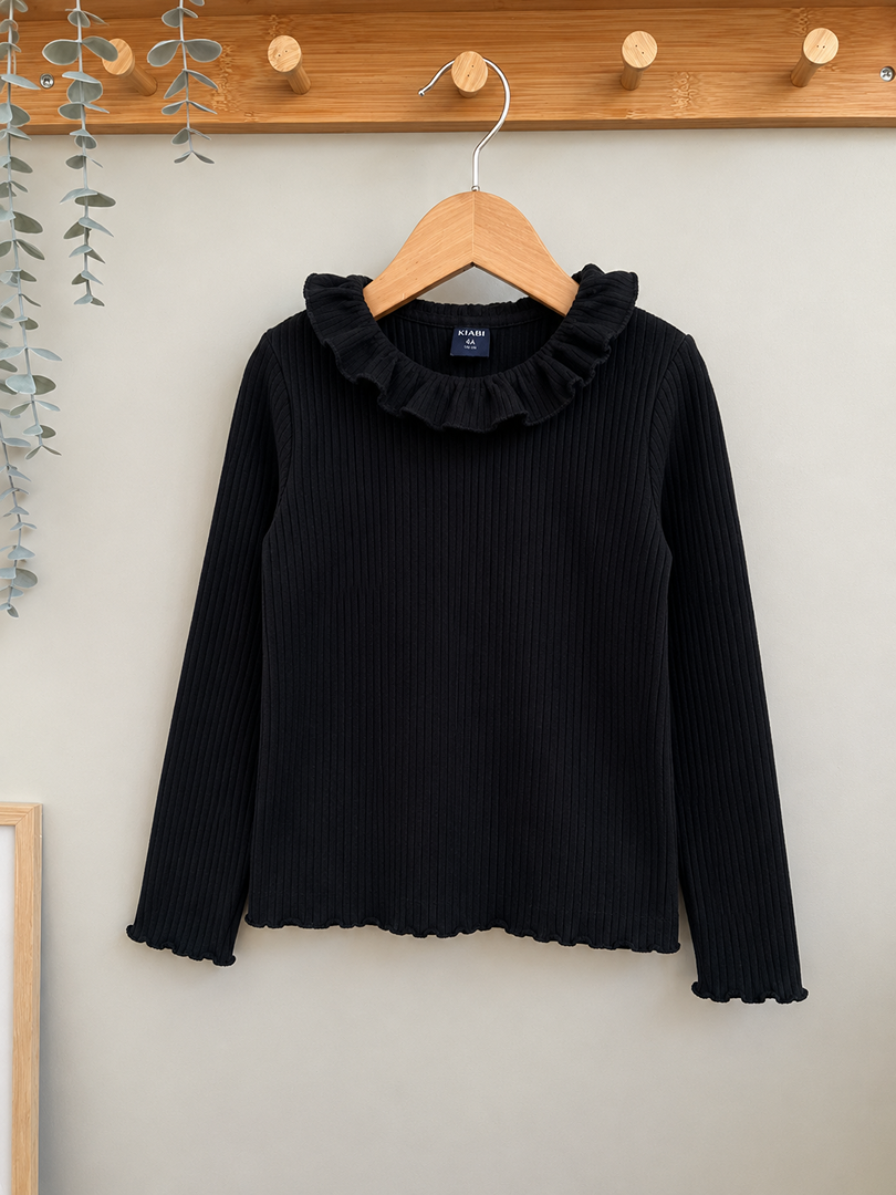 T-shirt côtelé manches longues noir Kiabi 5 ans fille col volanté mi-saison