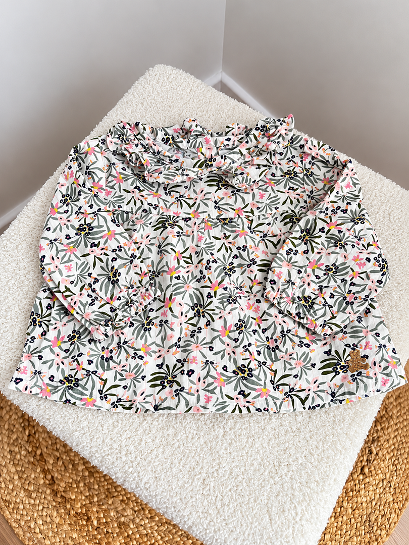 Blouse fille Lulucastagnette 6m blanche mi-saison manches longues fleurs