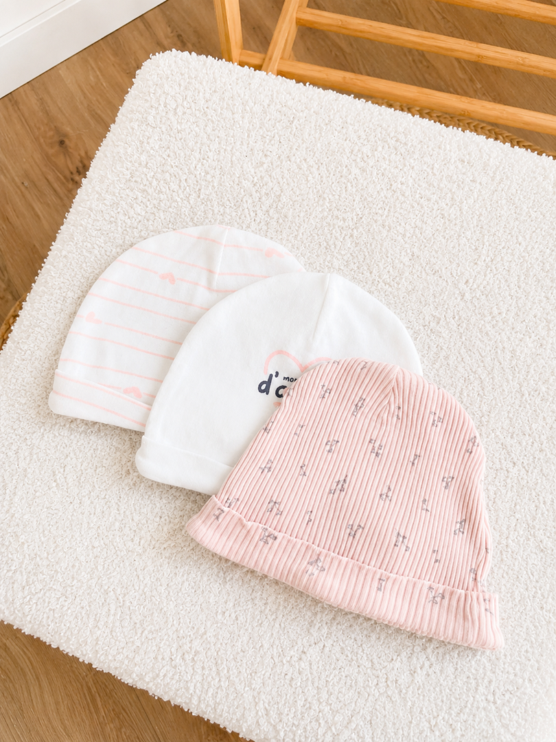 Lot de 3 bonnets naissance Chocolatine blanc rose Naissance fille mi-saison