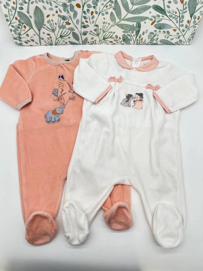 Lot 2 pyjamas 1 pièce velours blanc/abricot fille - Sergent Major 6 mois