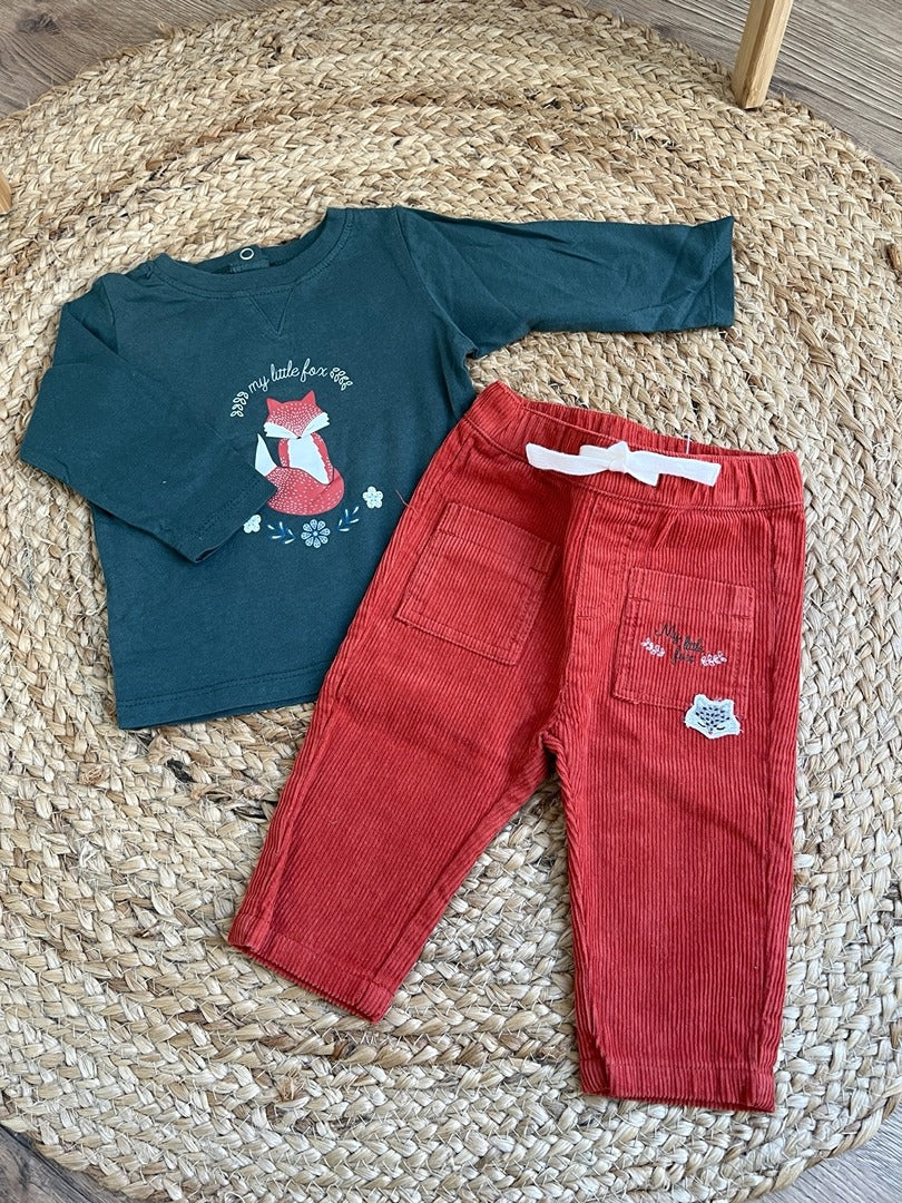 Ensemble pantalon velours rouge t-shirt vert Mots d'enfants 6 mois fille mi-saison