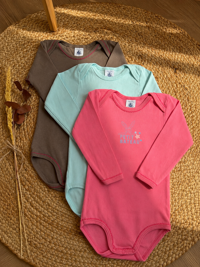 Lot 3 bodies col Us Petit Bateau fille manches longues Mi-saison 2 ans