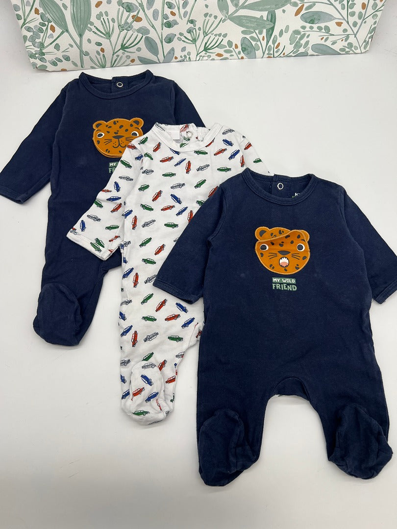Lot 3 pyjamas 1 pièce en jersey garçon mi-saison Kiabi - 1 mois - Bleu marine voiture