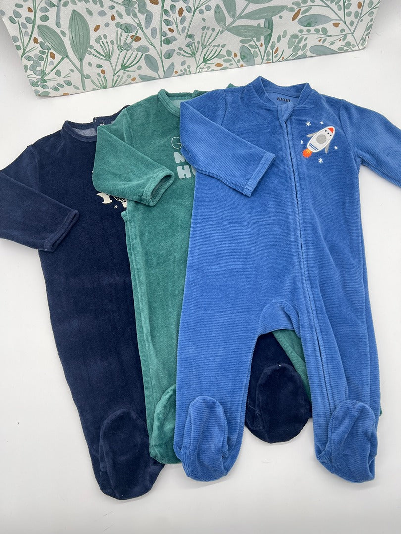 3 pyjamas 1 pièce en velours Garçon Kiabi - 6 mois - Bleu Vert