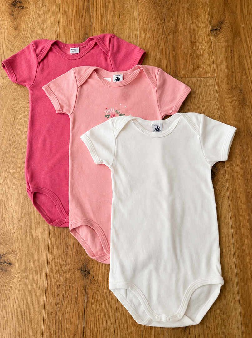 Lot de 3 bodies manches courtes Petit Bateau rose fille 3 ans col Us