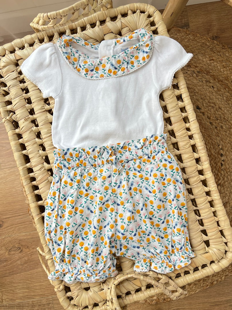 Ensemble body col et short assorti blanc fleurie Bout'chou fille 3 mois été fleurs