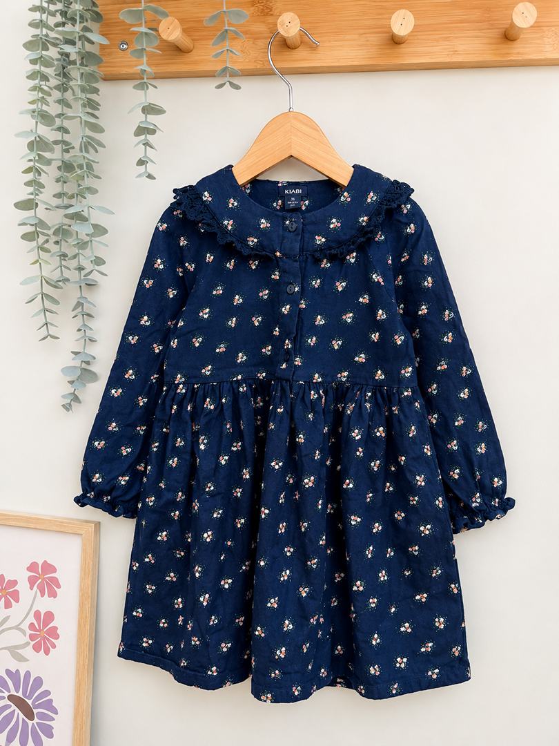 Robe fille Kiabi 3 ans fleurs bleu marine mi-saison manches longues