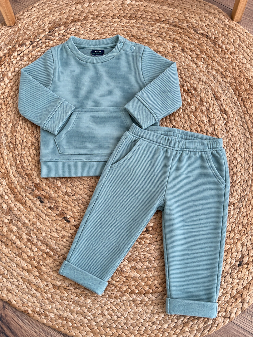 Ensemble pull jogging côtelé garçon Kiabi vert mi-saison 12 mois manches longues