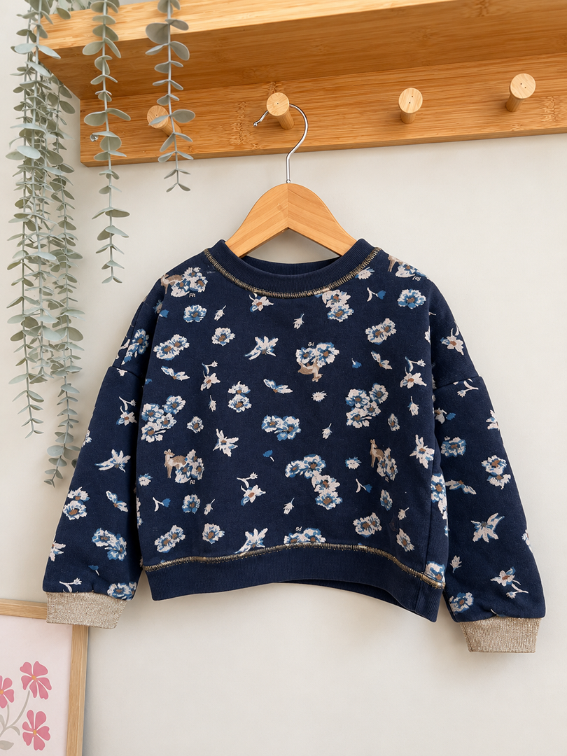 Sweat pull court fille Petit Bateau 3 ans bleu marine imprimé fleuri manches longues mi-saison