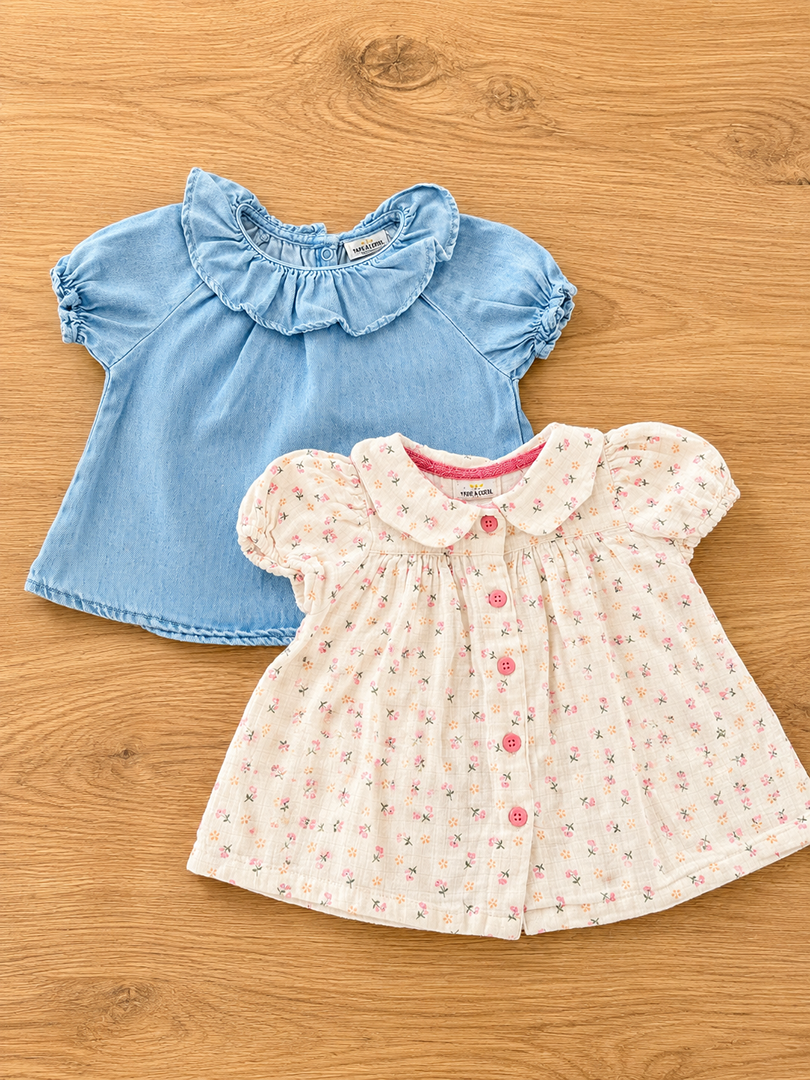 Lot 2 blouses fille Tape à l'œil manches courtes été 6 mois bleu blanc été