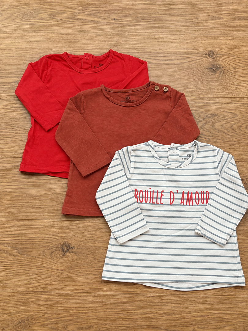Lot 3 t-shirts manches longues La Redoute 9 mois rouge fille mi-saison