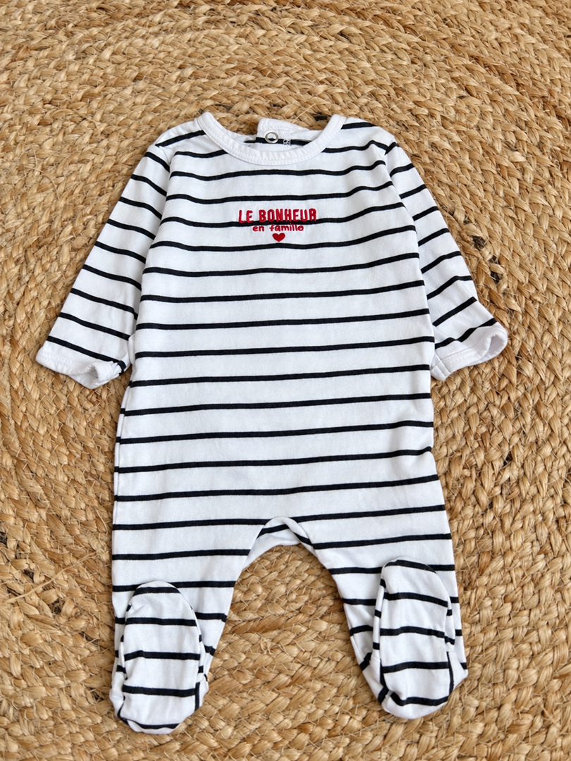 Pyjama 1 pièce jersey mixte marinière fille Kiabi 1 mois blanc rayé noir mi-saison garçon fille