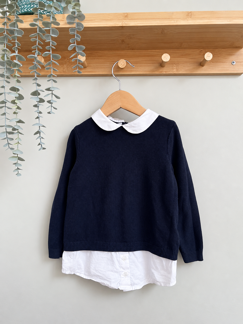 Pull chemisier fille Monoprix bleu marine et blanc manches longues mi-saison 4 ans