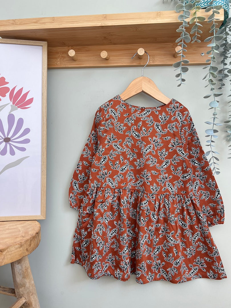 Robe fille Eden et Victor 3 ans rouille imprimée leurie manches longues