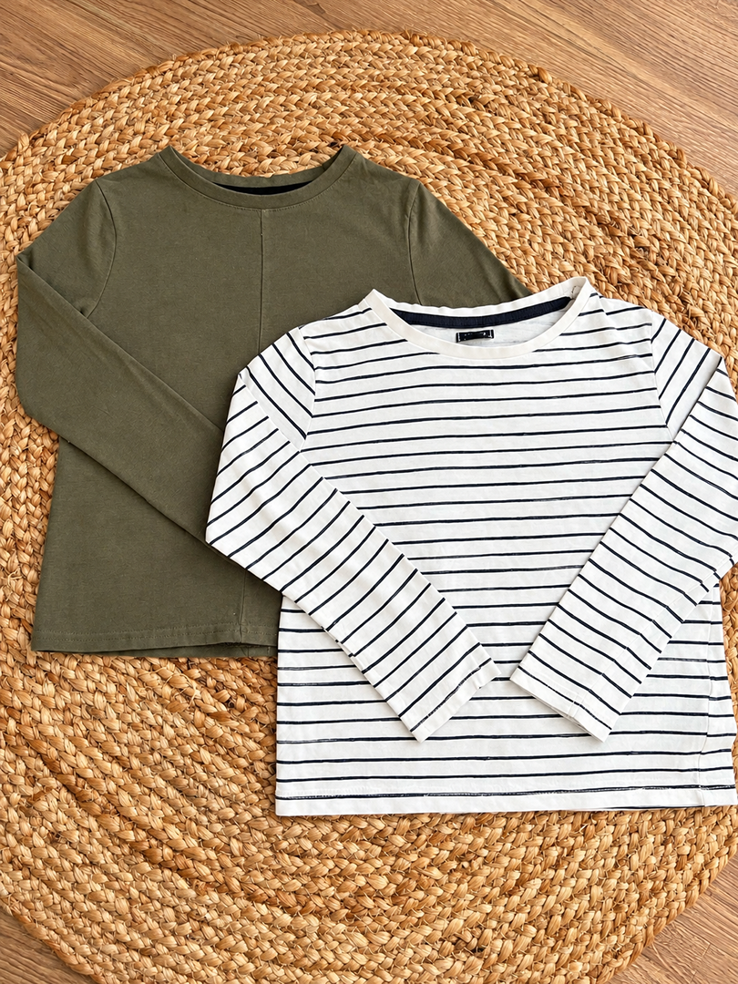 Lot de 2 t-shirts manches longues Kiabi garçon 5 ans kaki et rayé mi-saison