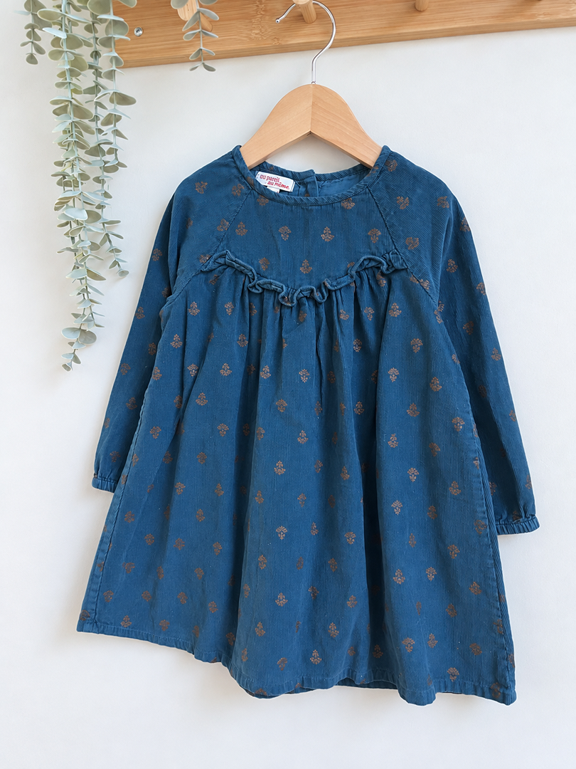 Robe velours côtelé fille Du Pareil au Même bleue manches longues hiver 4 ans