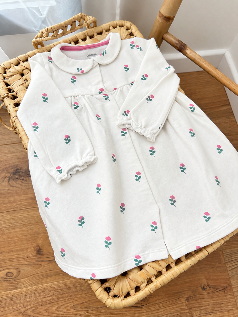 Robe fille Okaidi blanche manches longues imprimé floral mi-saison 9 mois