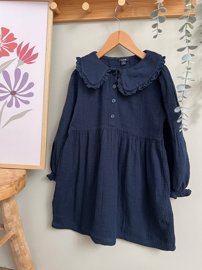 Robe Kiabi fille 4 ans gaze de coton marine manches longues avec joli col