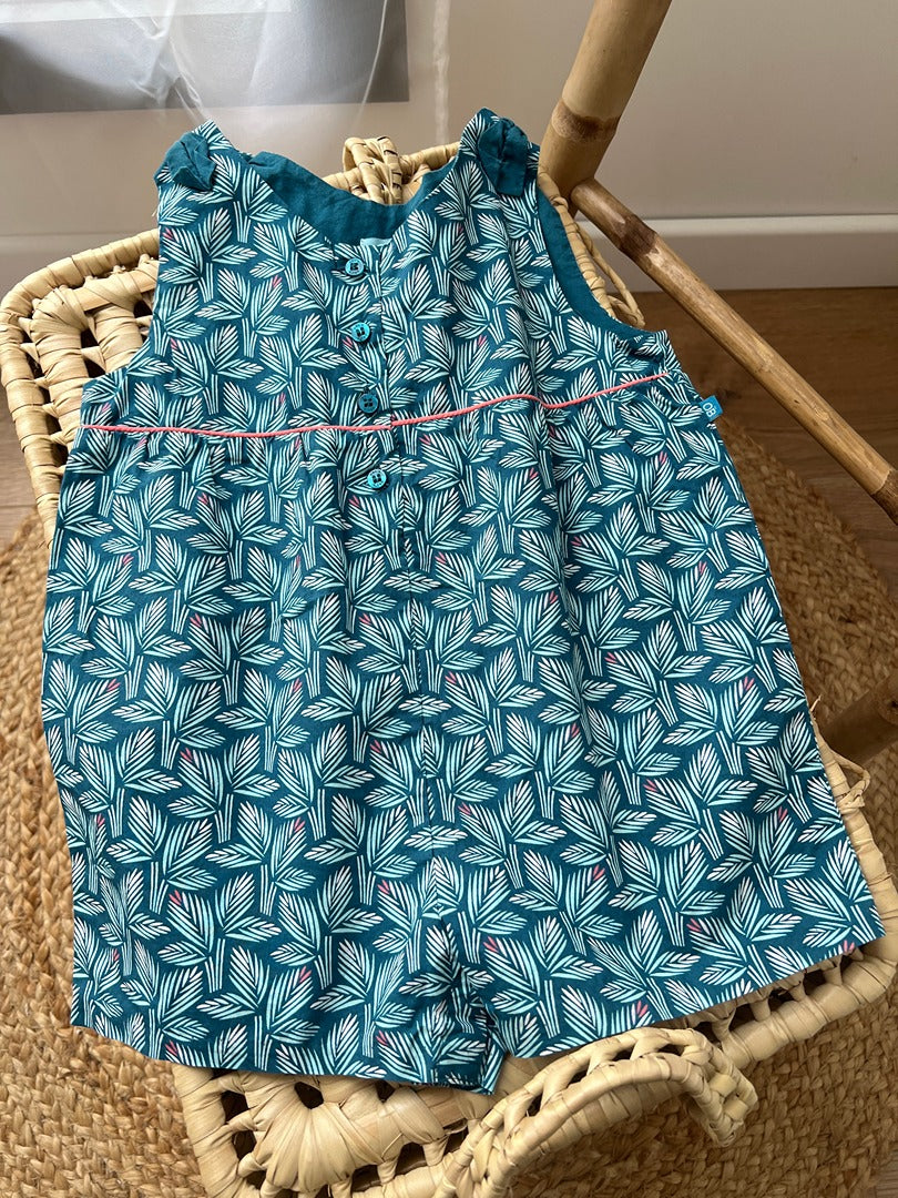 Combishort fille Obaïbi turquoise motifs feuillage 3 ans fille