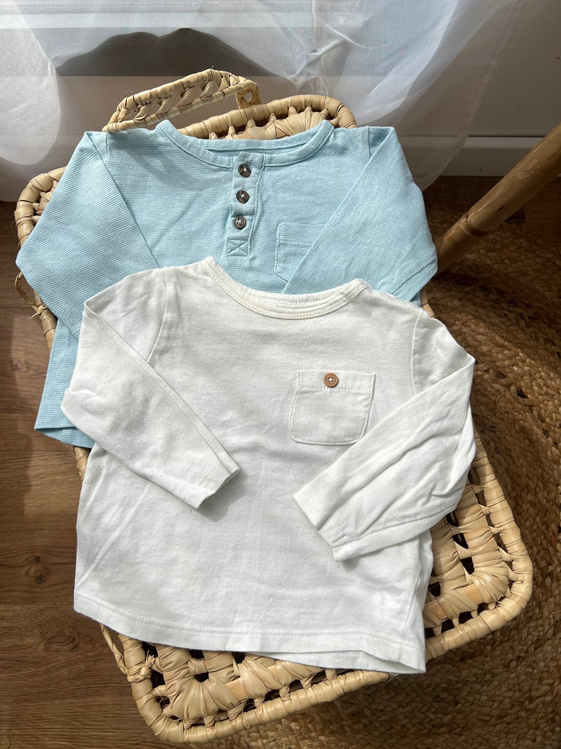 Lot 2 t-shirts manches longues garçon 6 mois Tape à l'oeil Mots d'enfants bleu blanc