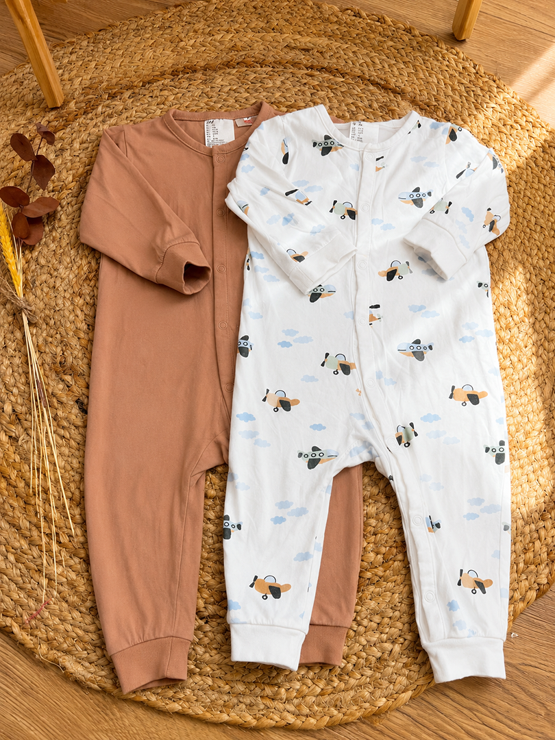 Lot de 2 pyjamas sans pieds combinaison H&m 9 mois marron blanc mixte fille ou garçon