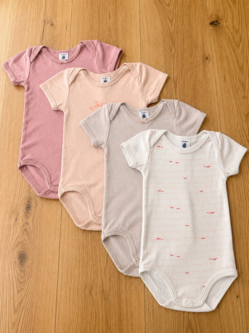 Lot de 4 bodies col Us été fille Petit Bateau 2 ans rose manches courtes
