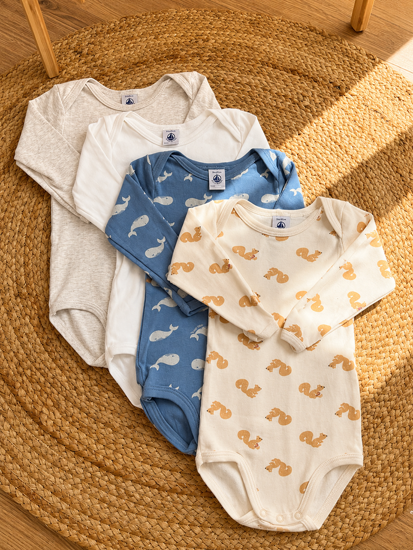 Lot 4 bodys manches longues col Us Petit Bateau 18 mois bleu garçon