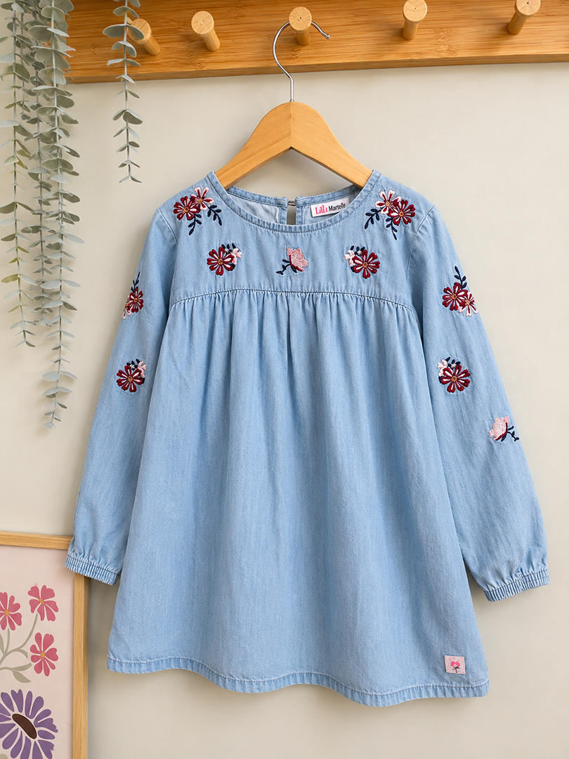 Robe tunique fille Lili Marelle 6 ans en jean brodée mi-saison manches longues