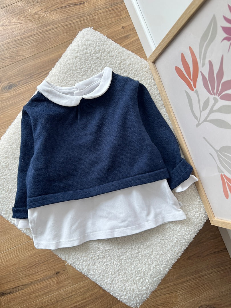 Ensemble fille Tape à l'oeil Obaïbi 6 mois mi-saison blanc bleu T-shirt joli col pull court
