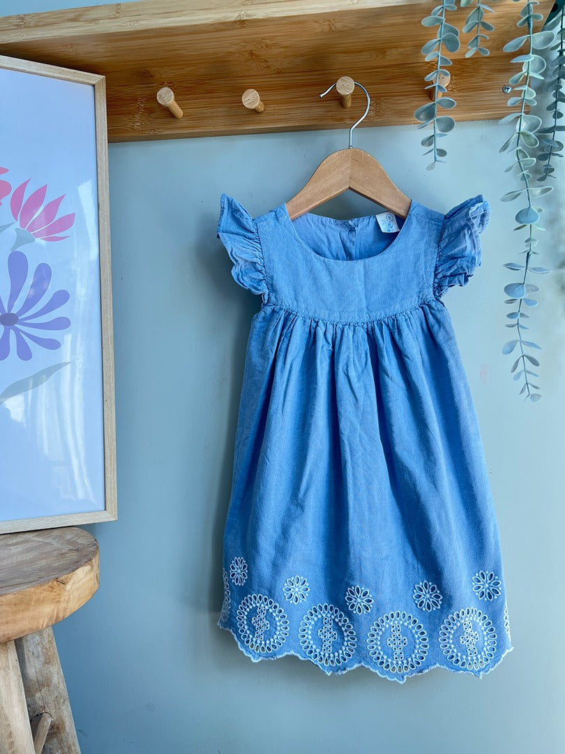 Robe fille U tout petits 18 mois bleue coton broderie été