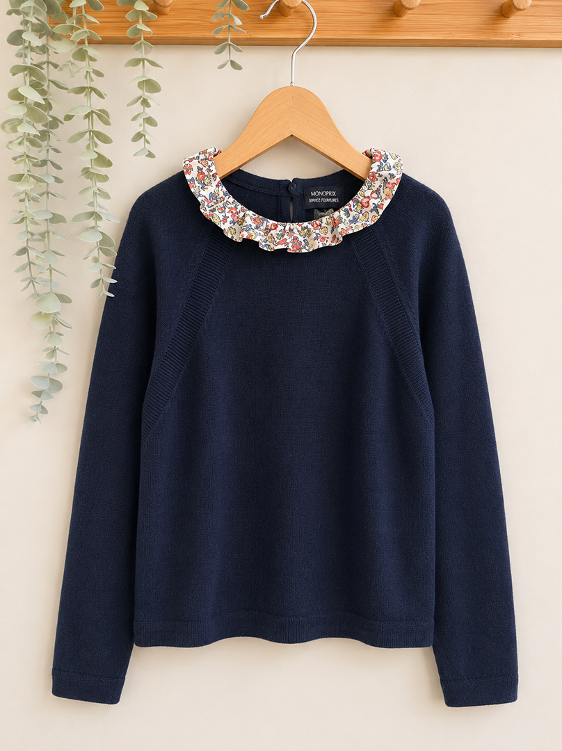 Pull fille mi-saison Monoprix bleu marine col fleuri 8 ans
