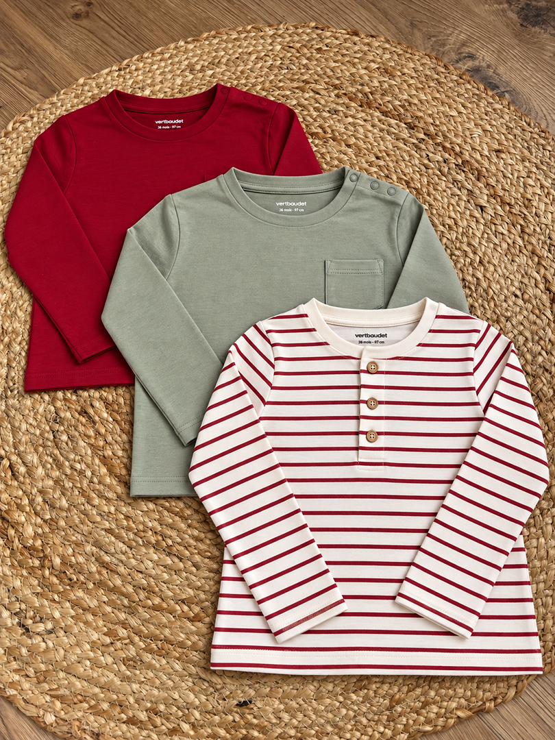 Lot de 3 t-shirts manches longues garçon Vertbaudet 3 ans vert rouge rayé