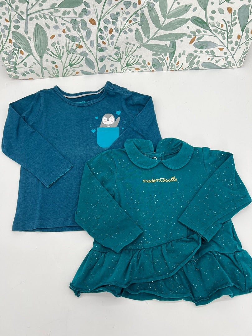 Lot 2 t-shirts manches longues fille Lupilu & grain de blé Z - 6 mois - Bleu turquoise doré