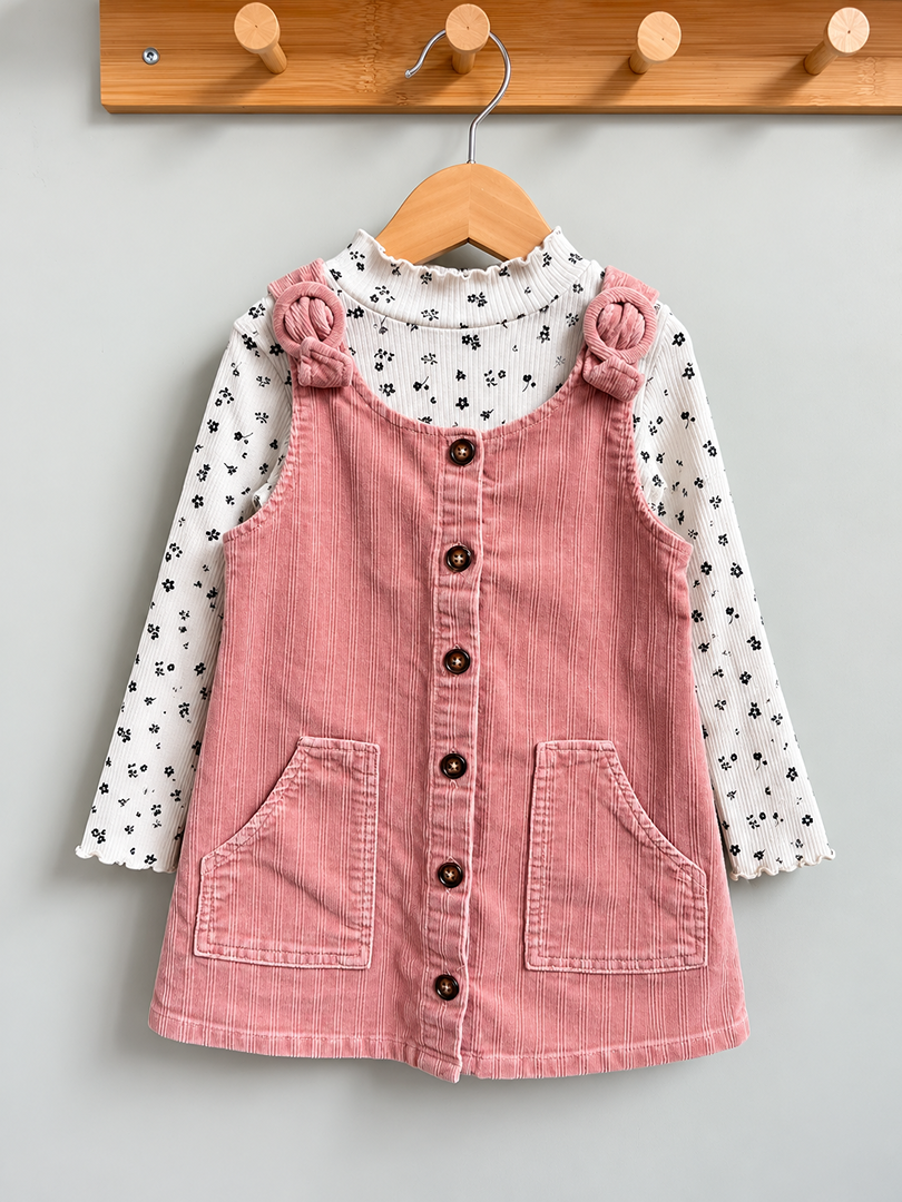 Ensemble robe chasuble rose et t-shirt côtelé fleurs fille mi-saison 4 ans Kiabi Tao