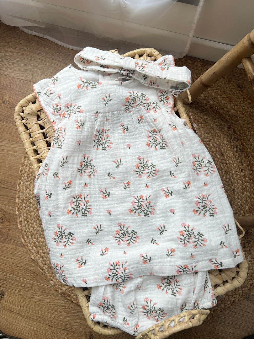 Ensemble robe bloomer bandeau Bout'chou fille 3 mois fleurs blanc été manches courtes neuf
