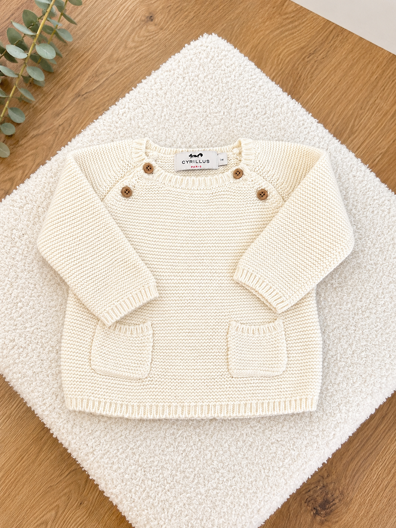 Pull en maille Cyrillus 1 mois crème mixte mi-saison manches longues fille ou garçon