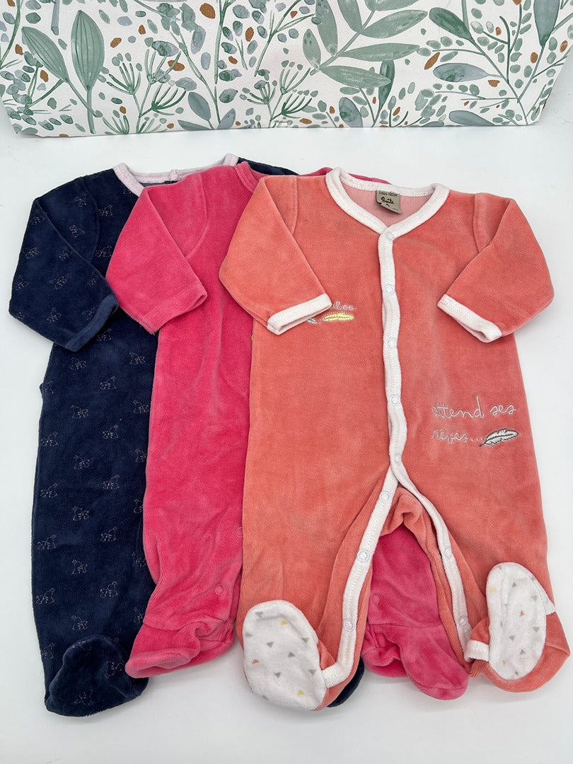 Lot de 3 pyjamas 1 pièce velours fille Sucre d'orge - 3 mois - Rose corail bleu marine