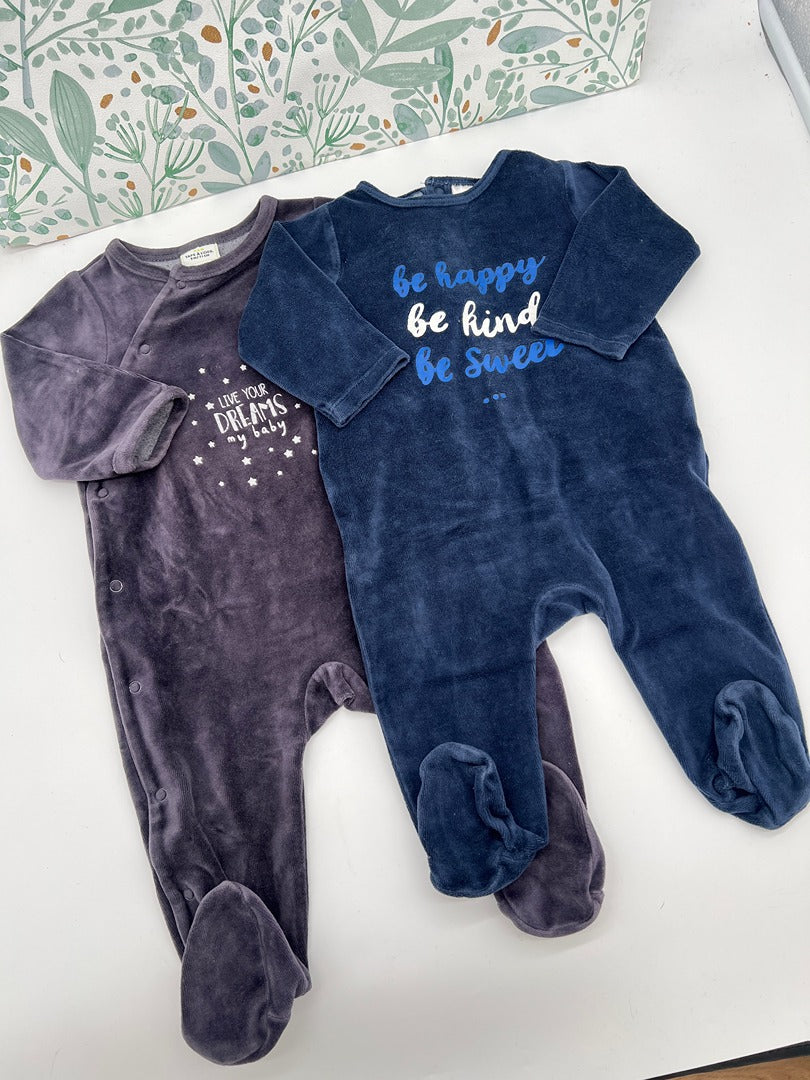 Lot 2 pyjamas dors-bien 1 pièce en velours garçon Tao Tape à l'oeil et Tex - 9 mois - Bleu gris