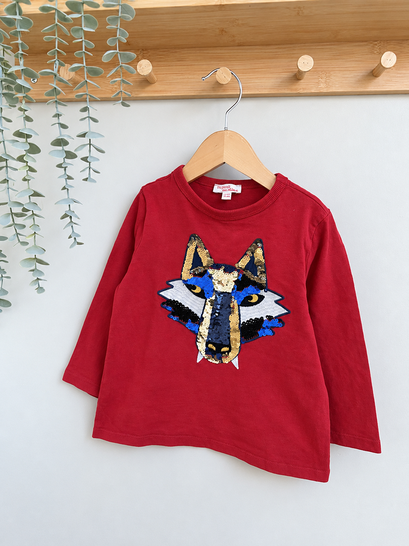 T-shirt manches longues rouge garçon Du Pareil au Même 5 ans mi-saison loup à sequins