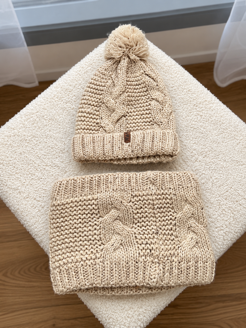 Ensemble bonnet et tour de cou garçon hiver beige tricot