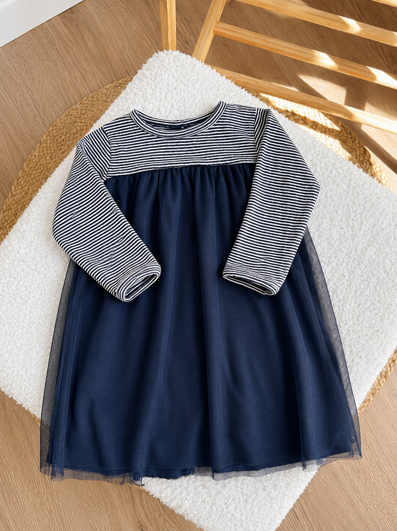 Robe fille Petit Bateau 12 mois marine tulle manches longues