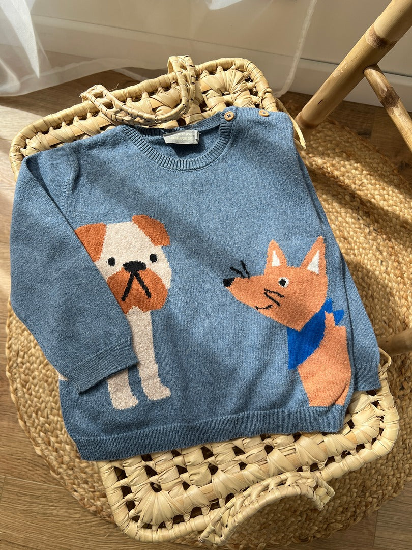 Pull Bout'chou 18 mois bleu motifs animaux hiver garçon