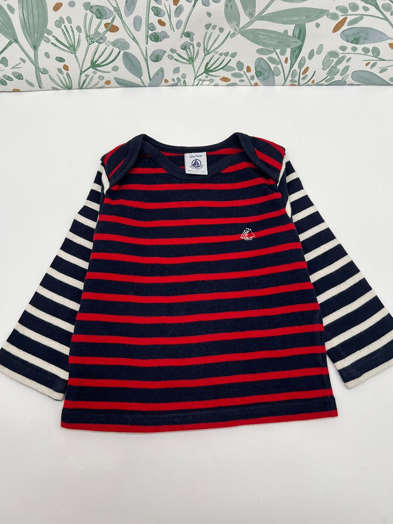 T-shirt manches longues garçon Petit Bateau - 12 mois - Marine à rayures